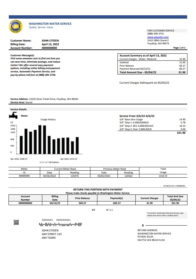 USA Washington Water Service utility bill template in Word and PDF format